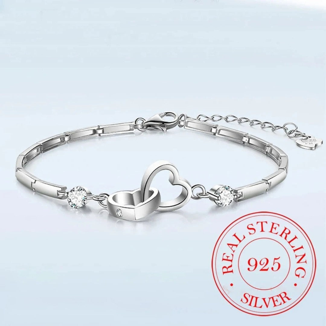 Silver Plated Double Heart Bracelet with Cubic Zirconia Stones for Women 419