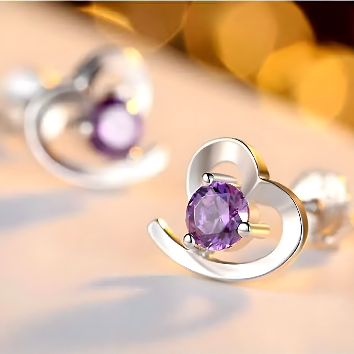 Sterling Silver 925 Amethyst Stone Heart Shaped Stud Earrings Girls Women 481
