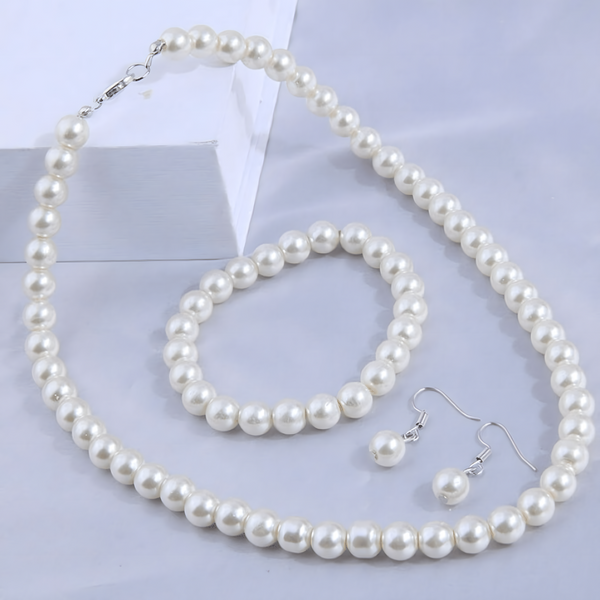 3 Piece Pearl Bead Jewelry Set - White Pearl Necklace, Bracelet & Earrings 714