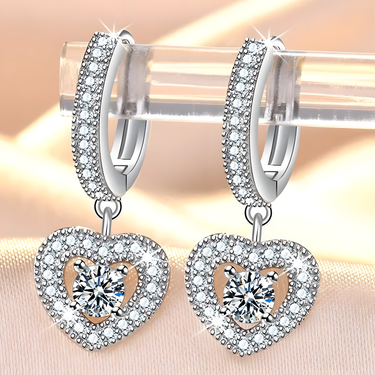 925 Sterling Silver Heart Drop Hoop Earrings Huggie Hoops Sparkling CZ Charm 336
