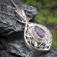 Vintage Amethyst Teardrop Pendant Necklace Zinc Silver Tone Filigree Jewelry 571