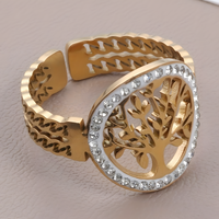 Gold Tree of Life Ring – Adjustable Stainless Steel Open Band Clear Crystal 842