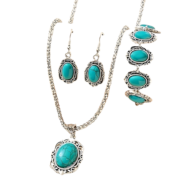 3-Piece Vintage Turquoise Jewellery Set Women – Classic Zinc Alloy Necklace 722