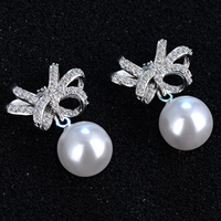 925 Sterling Silver Bow Knot Drop Earrings Pearls - CZ Bow & Pearl Dangle 351