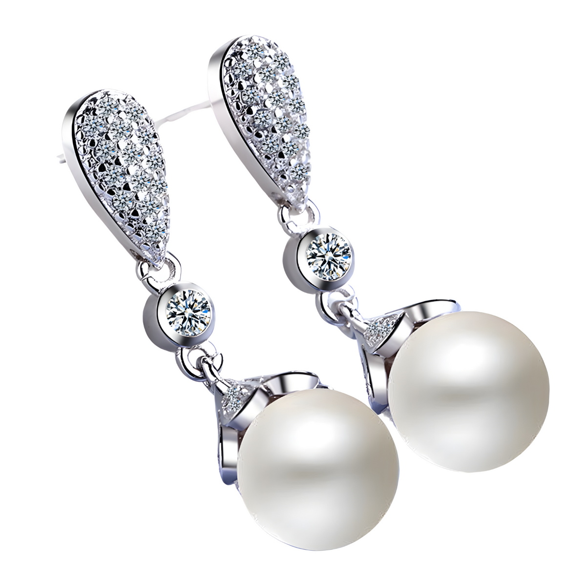 Women’s Silver-Plated Drop Earrings Sparkling Cubic Zirconia & Pearl 908