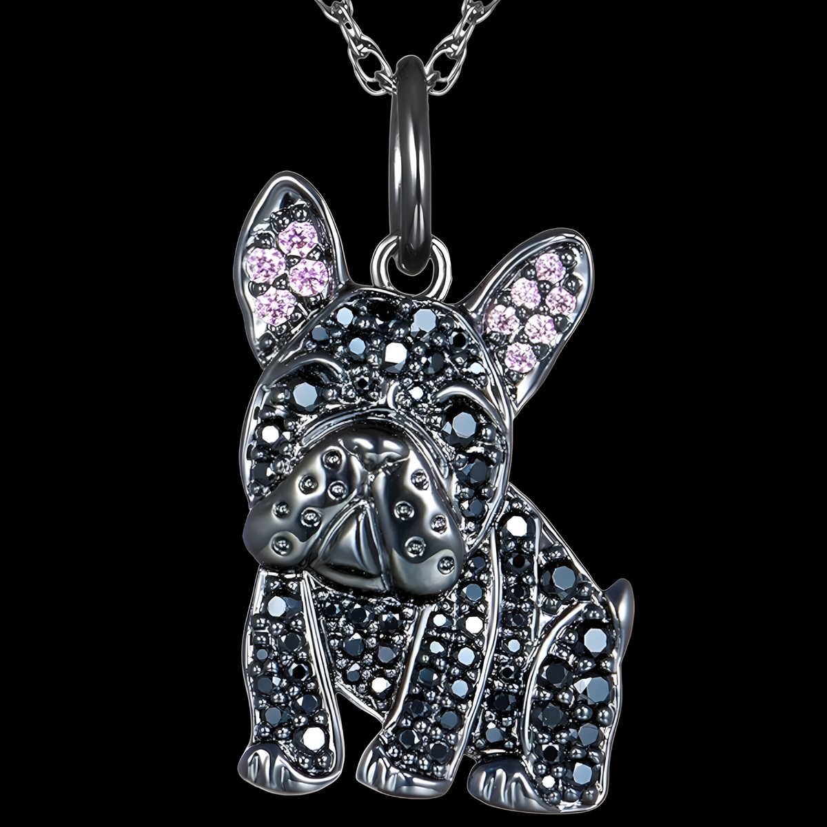 Bulldog Black Dog Pendant Necklace Women Rhinestone Pet Animal Charm Zinc B226