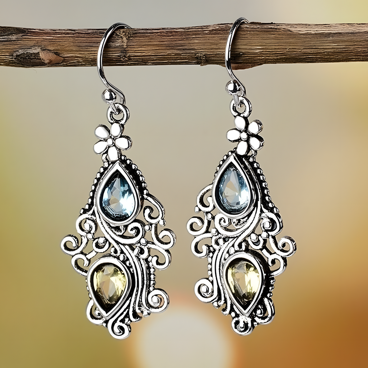 Vintage Floral Drop Earrings Women – Dual Teardrop Gemstone Dangle Earrings 548