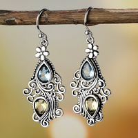 Vintage Floral Drop Earrings Women – Dual Teardrop Gemstone Dangle Earrings 548