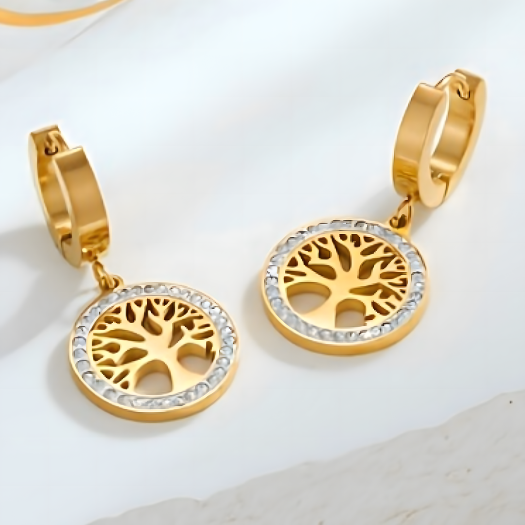 Tree of Life Drop Earrings – 18K Golden Plated Stainless-Steel Hoops 739