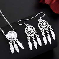 Sterling Silver Dream Catcher Earrings & Necklace Set - Boho Feather Dangle B37