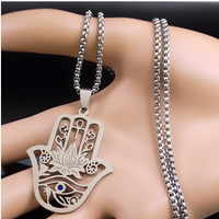 Hamsa Hand Lotus Necklace – Stainless Steel Eye Of Horus Pendant, Silver 1089
