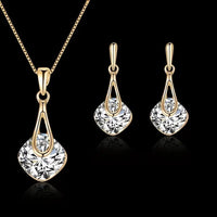 Inlaid Square Shape Crystal Jewelry Set With Pendant Necklace & Drop Earrings 94
