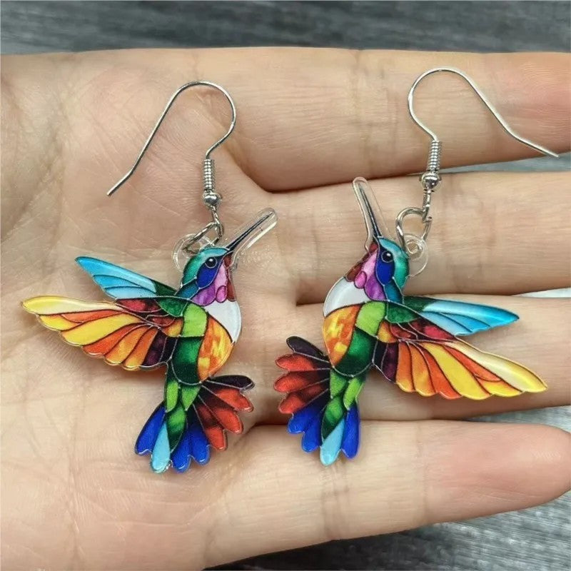 Acrylic Hummingbird Earrings – Bright Multicolour Bird Dangle Style 1235