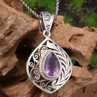 Vintage Amethyst Teardrop Pendant Necklace Zinc Silver Tone Filigree Jewelry 571
