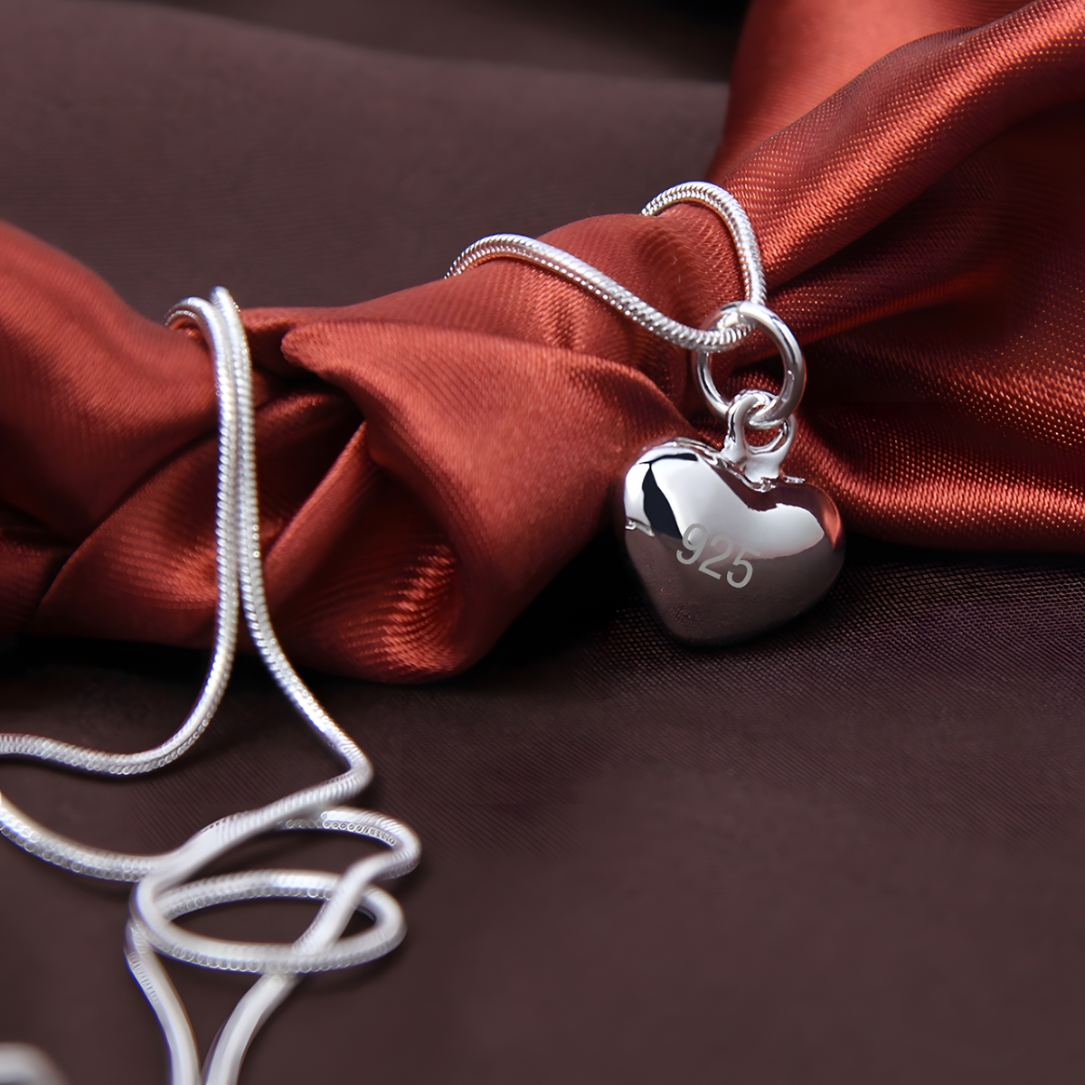 925 Silver-Plated Alloy Heart Pendant Necklace Women Polished Puff Heart 859