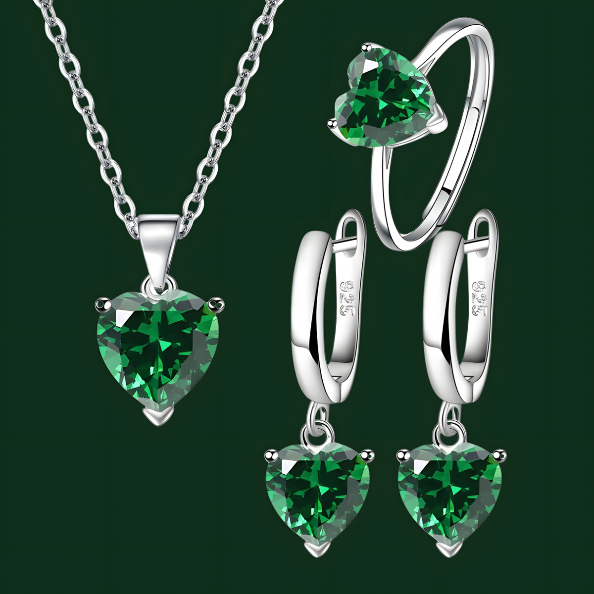 Sterling 925 Silver Heart Green Crystal Necklace Earrings Ring Set Her Gift B35