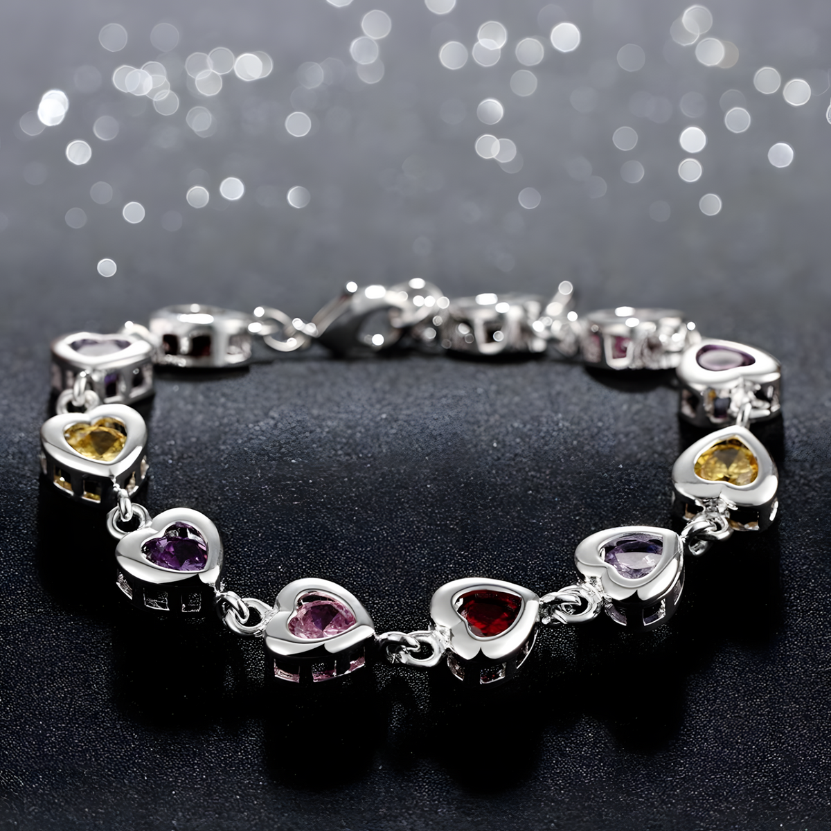 Adjustable Heart Crystal Charm Bracelet 20cm Silver Tone Multicolour Heart 1734
