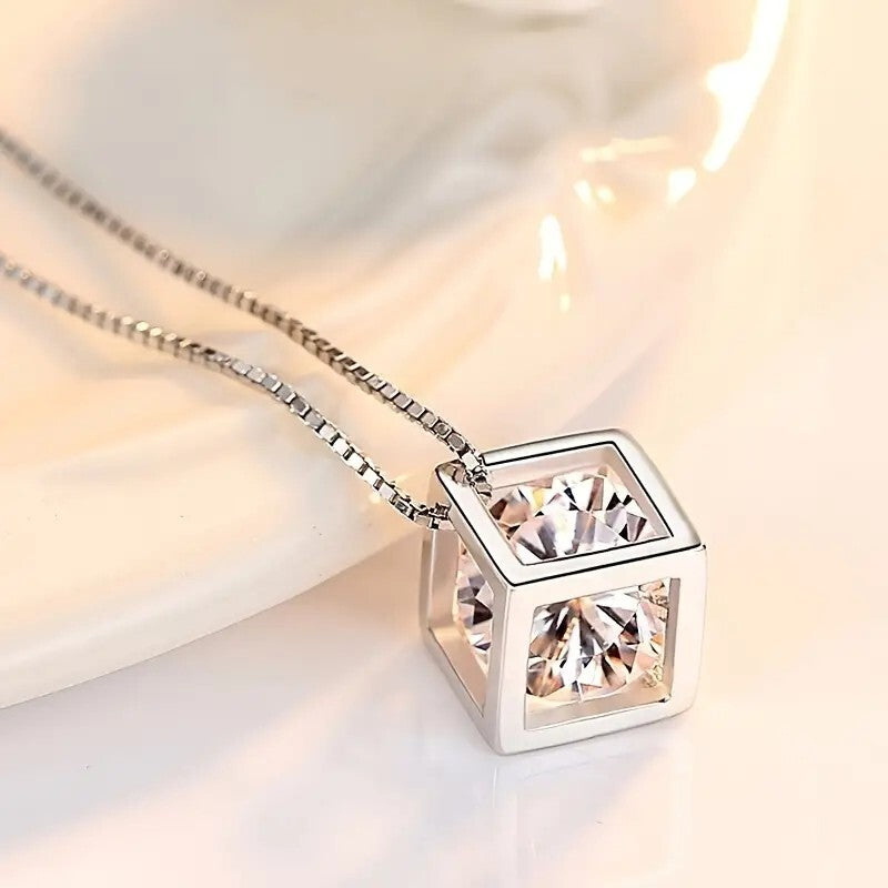 Hollow Cubic Shape Pendant Necklace Inlaid Shiny Zircon Pendant Necklace 71