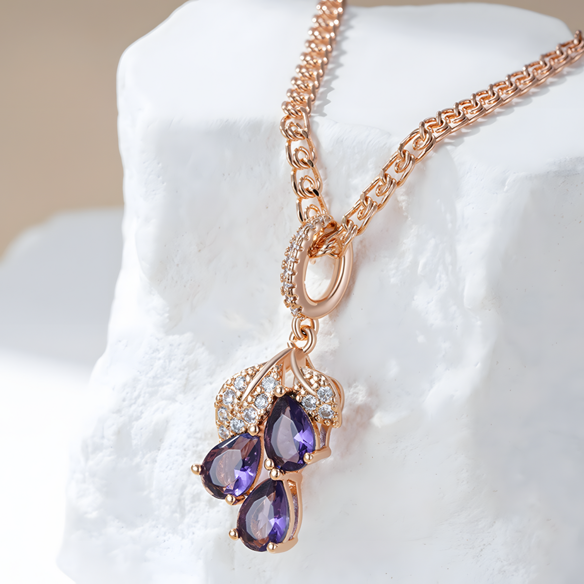 Purple Natural Zircon Pendant Necklace Copper, 585 Rose Gold Plated  1277