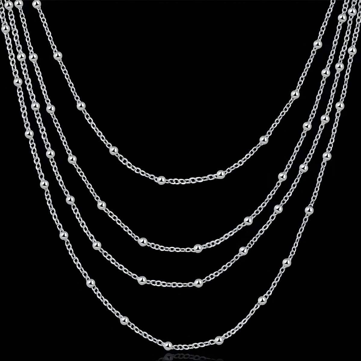 Silver Plated Multilayered Chain Necklace with Beaded Link Details for Women 425