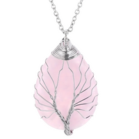 Silver Pink Crystal Tree Of Life Pendant Necklace For Women Oval Gemstone 1337
