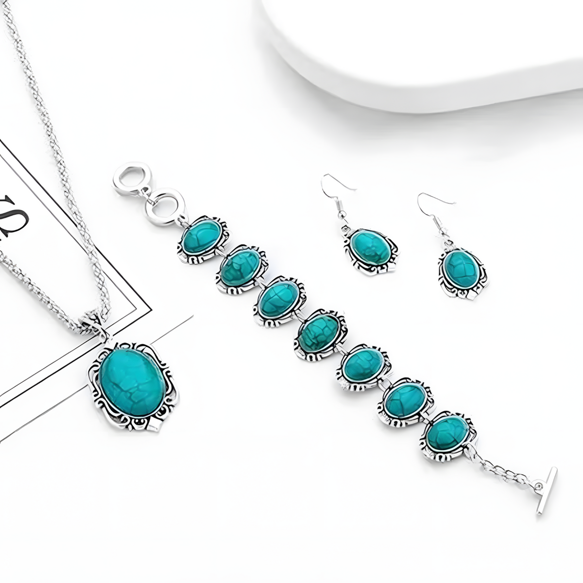 Vintage Turquoise Jewelry Set Women Necklace Bracelet Earrings Blue Stone B265