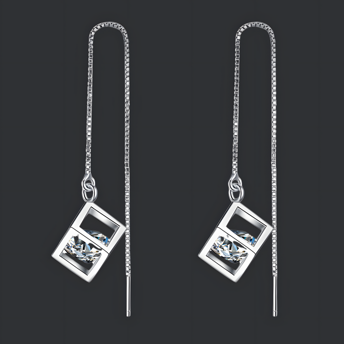 925 Silver-Plated Geometric Cube Zircon Drop Earrings Women Sparkling Round 924