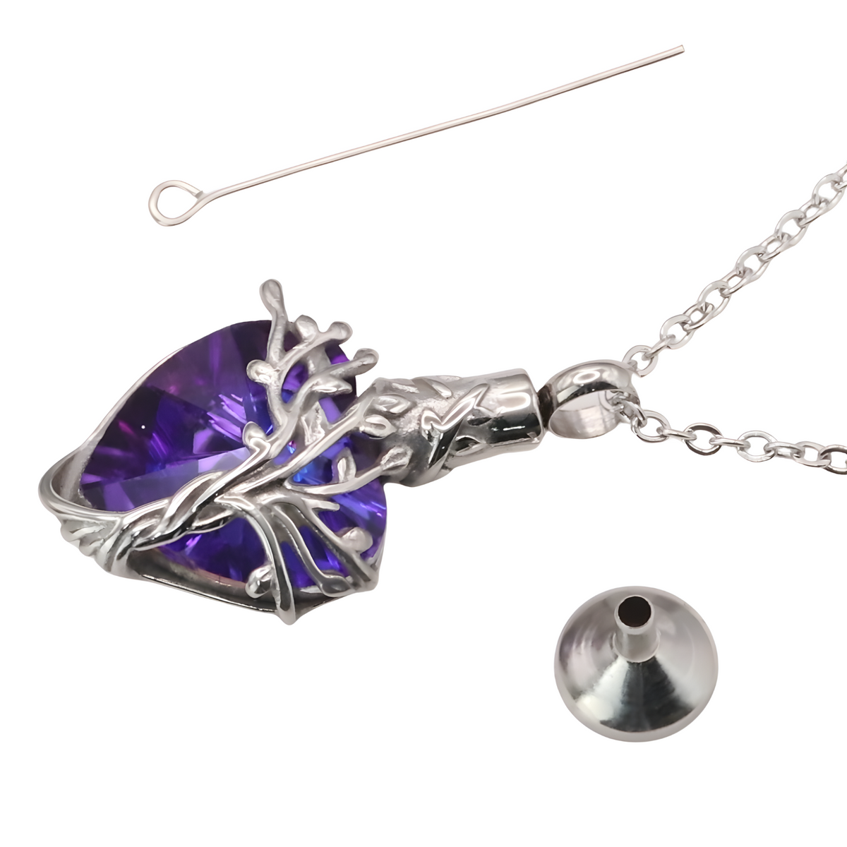 Heart Tree of Life Urn Necklace Crystal Funnel Filler 316L Stainless Steel B215