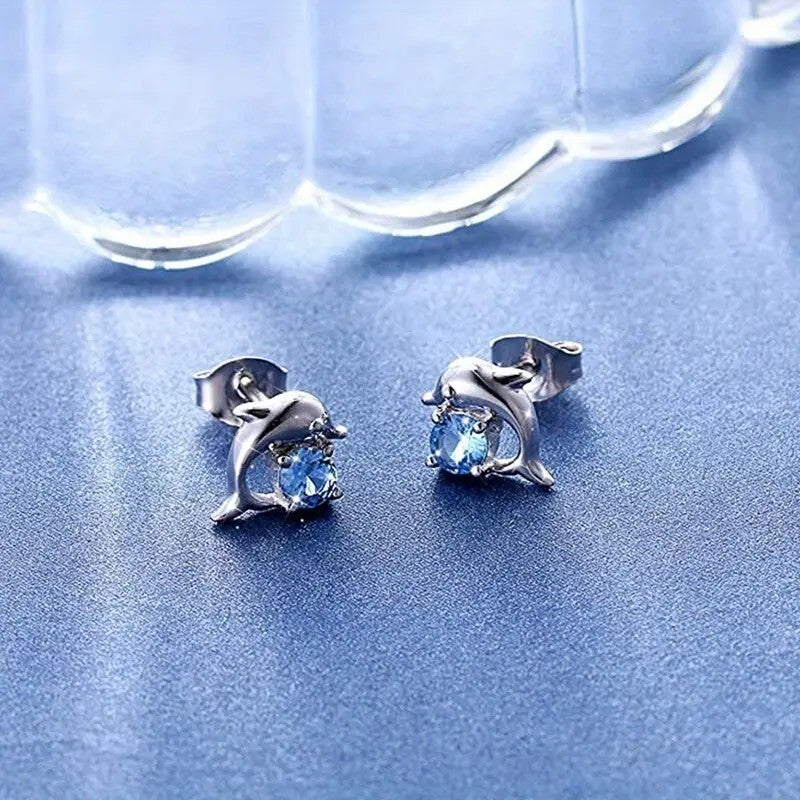 925 Silver Plated Round Cut SeaBlue Gemstone Cute Dolphin Stud Earrings 20 UK