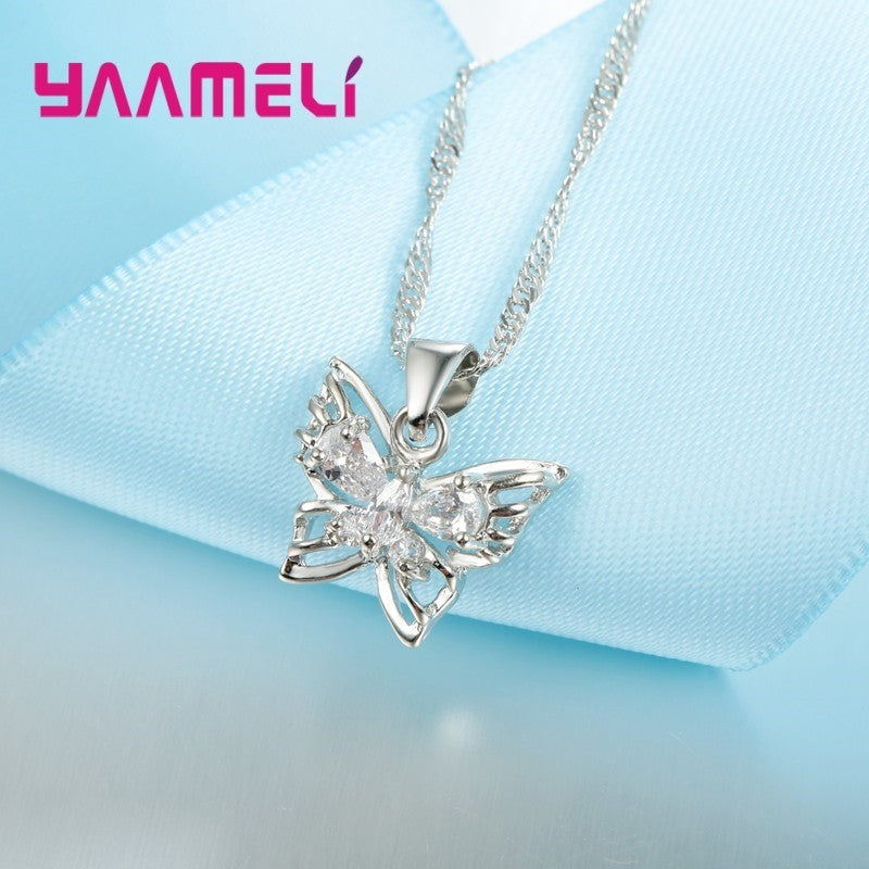 Butterfly Necklace and Earrings Set – Silver-Plated Alloy Cubic Zirconia 1229