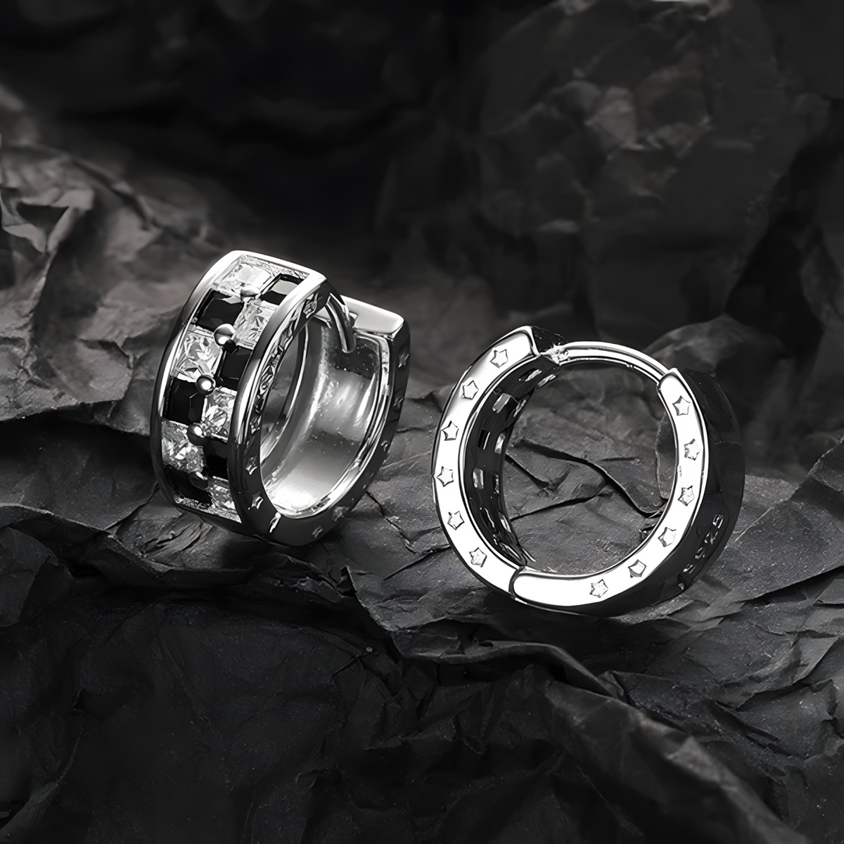 925 Sterling Silver Huggie Hoop Earrings Women Black & White Zircon Inlay 318