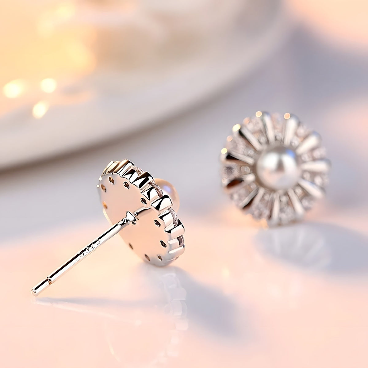 925 Sterling Silver Sunflower Stud Earrings Freshwater Pearl & Cubic Zircon 343