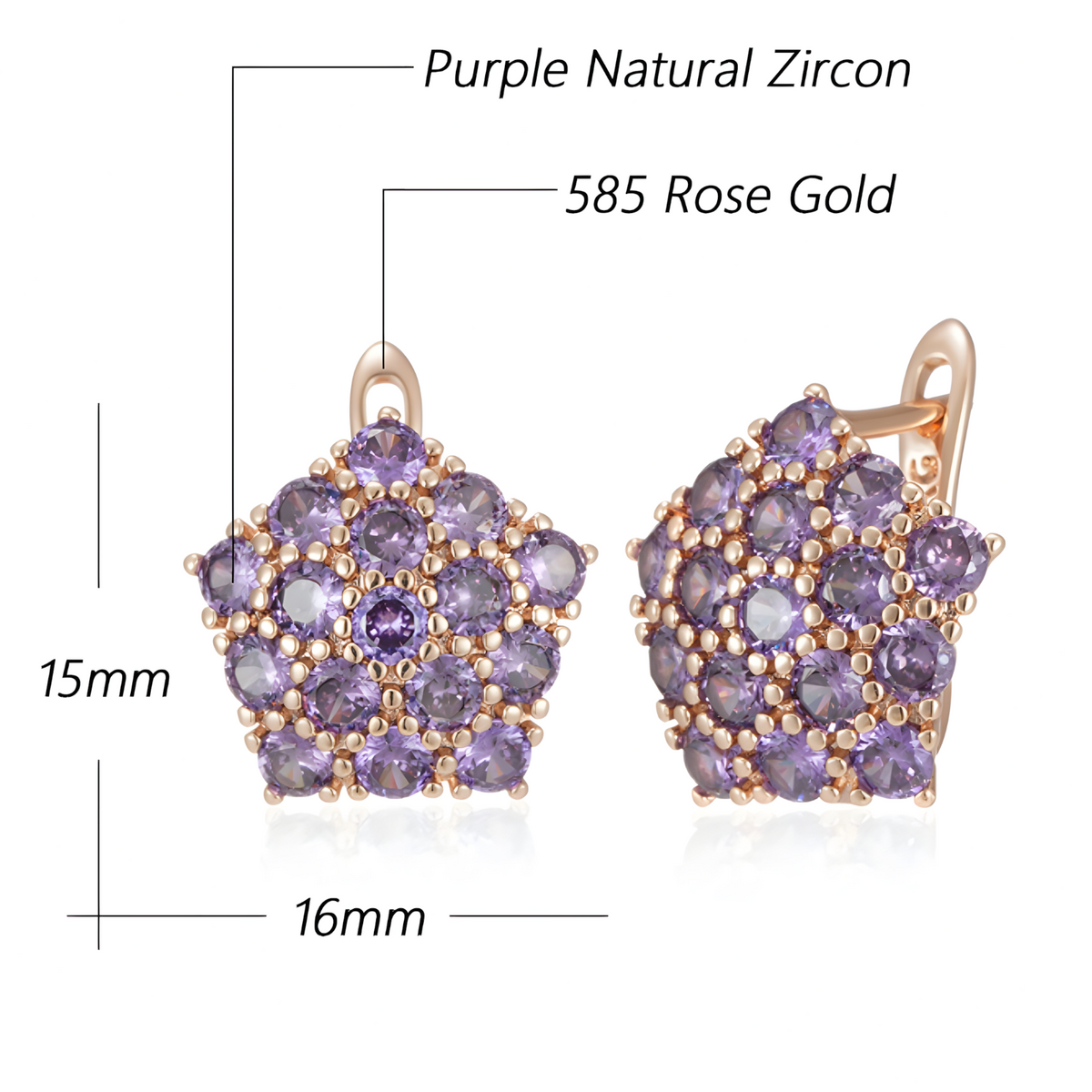 Purple Natural Zircon Cluster Drop Earrings for Women Copper Base Rose Gold 1299