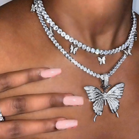 Womens Shiny Butterfly Pendant Necklace Hip Hop Iced Out Silver Tennis Chain 701