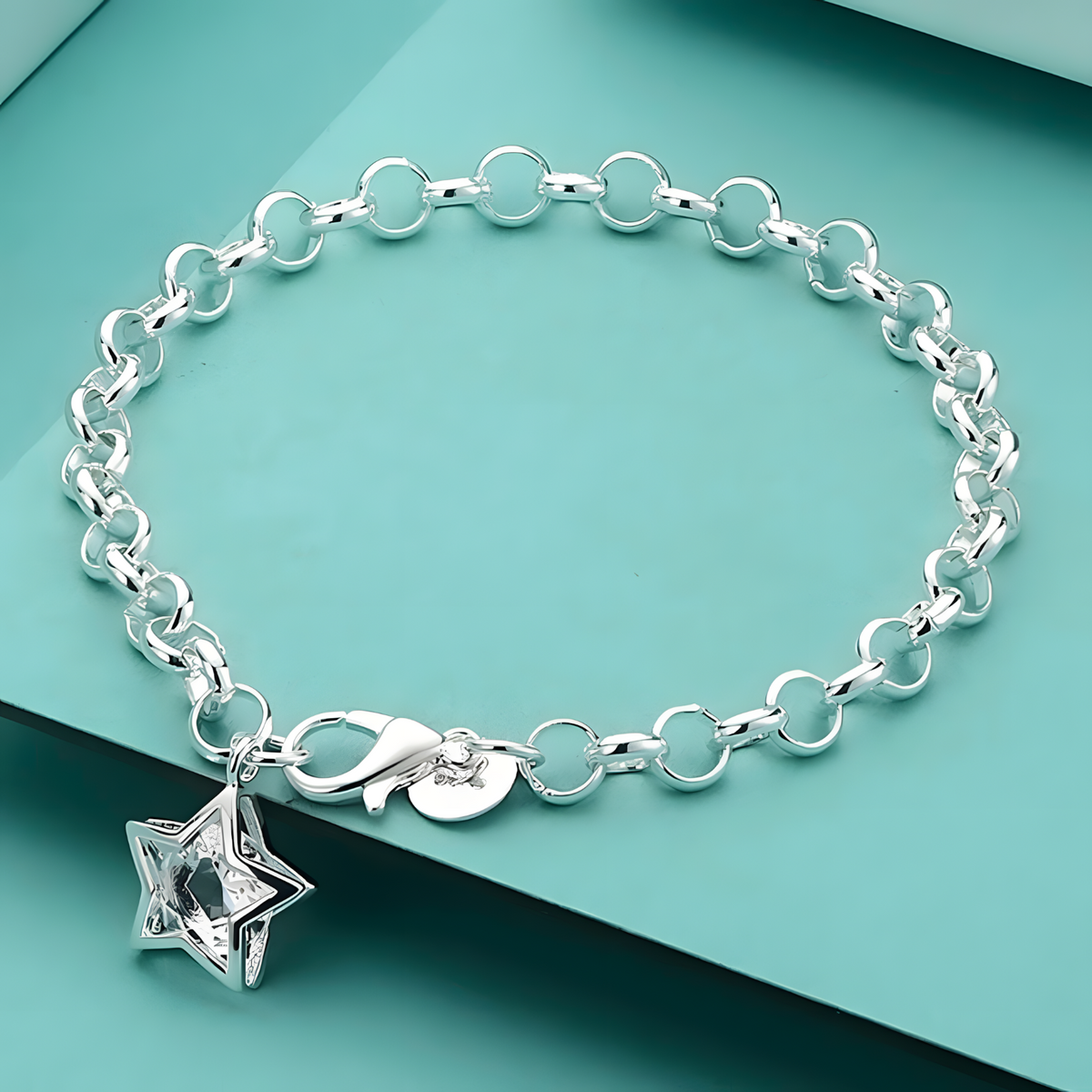 Star Charm Bracelet For Women - Round Link Chain, Crystal Look Star Pendant 1790