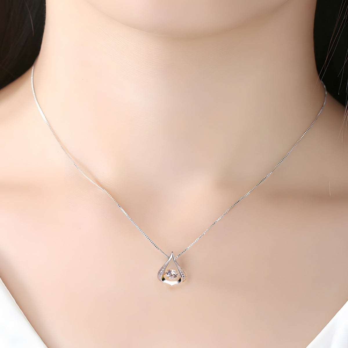 925 Sterling Silver Beating Heart Necklace for Women -Water Drop Crystal AAA 404