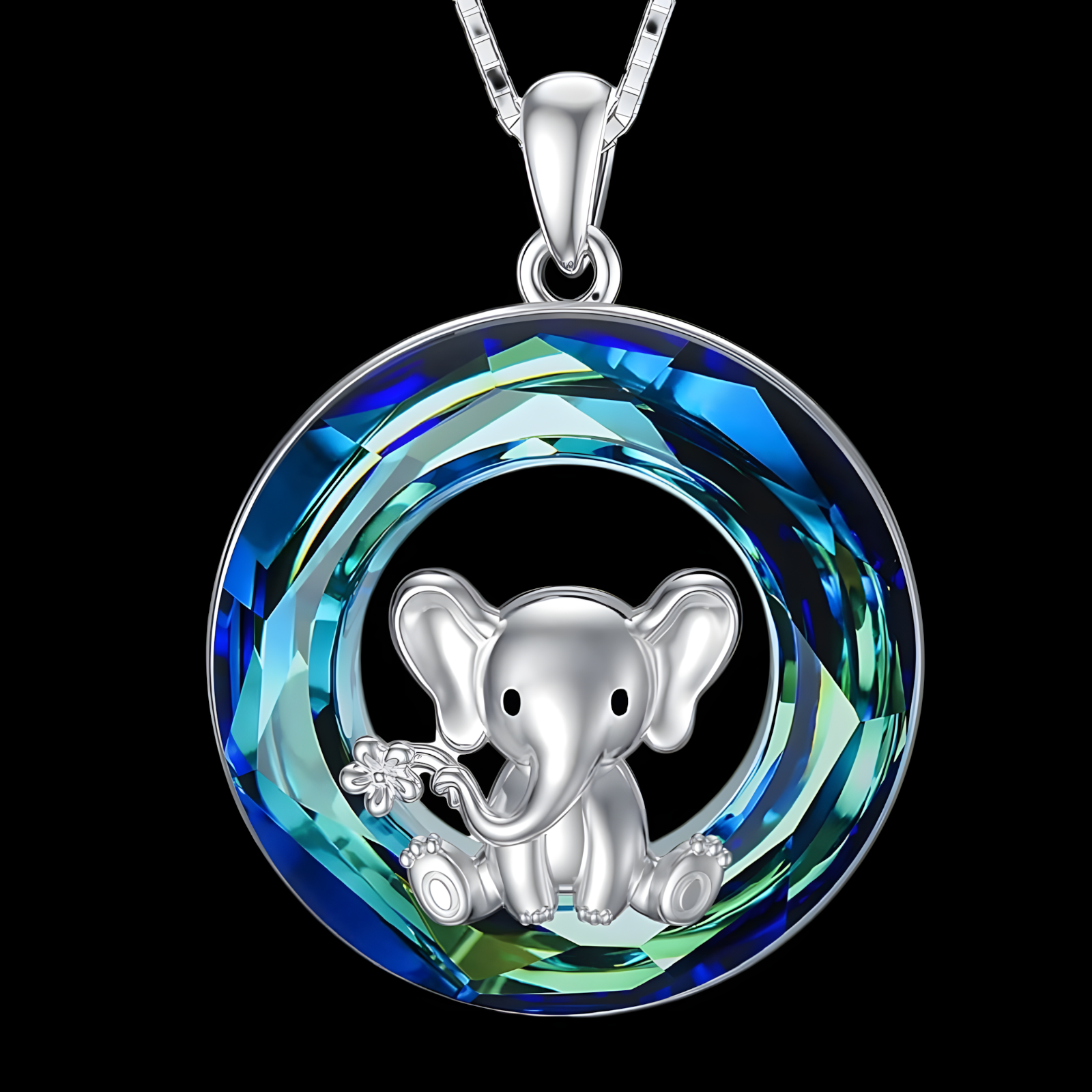 Unified Jewellery Cute Elephant Necklace Blue Crystal Circle Silver Tone B63