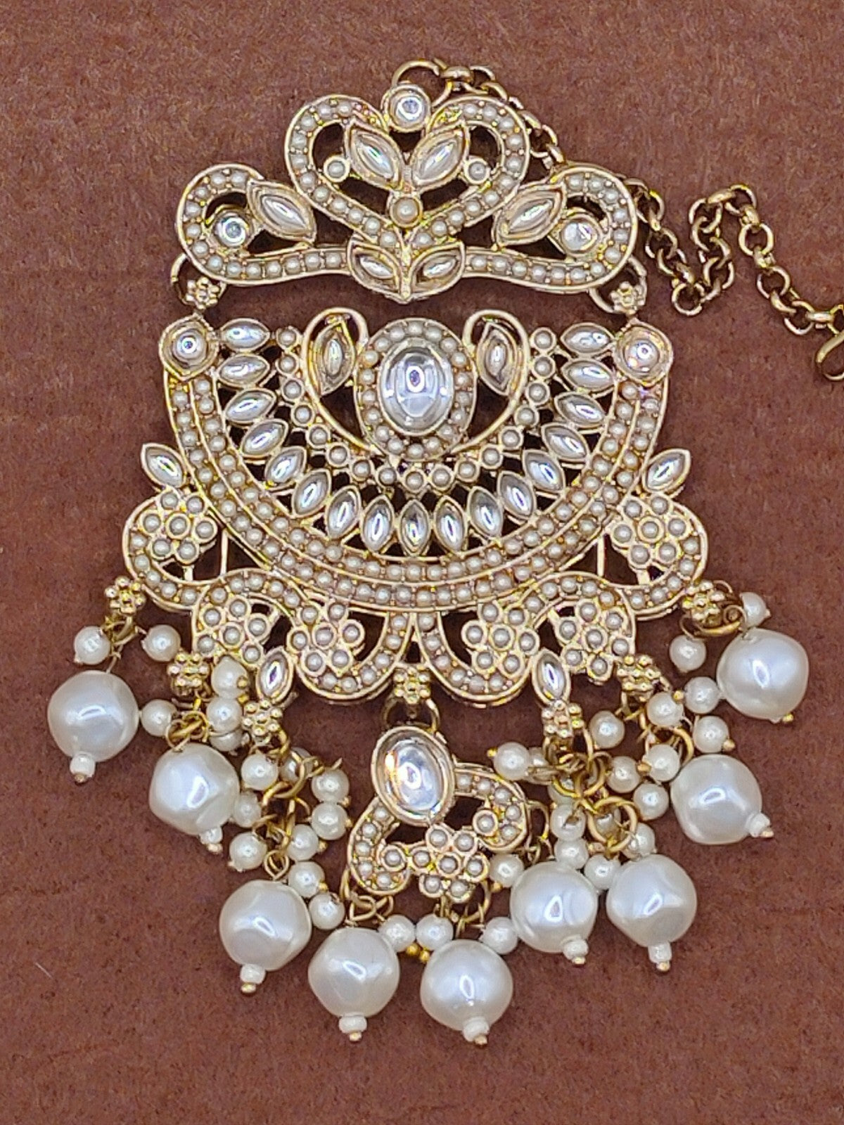 Elegant Bollywood Inspired Gold Kundan Earrings and Tika Set Indian Jewelry 248
