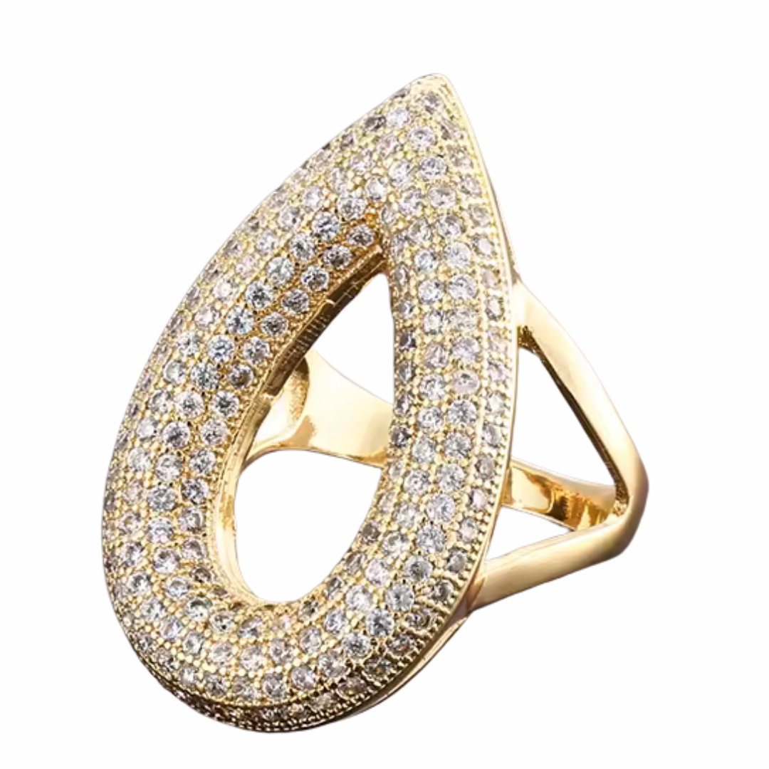 Luxury Teardrop Statement Ring For Women, Gold Tone Open Band Ring, Pavé 1503
