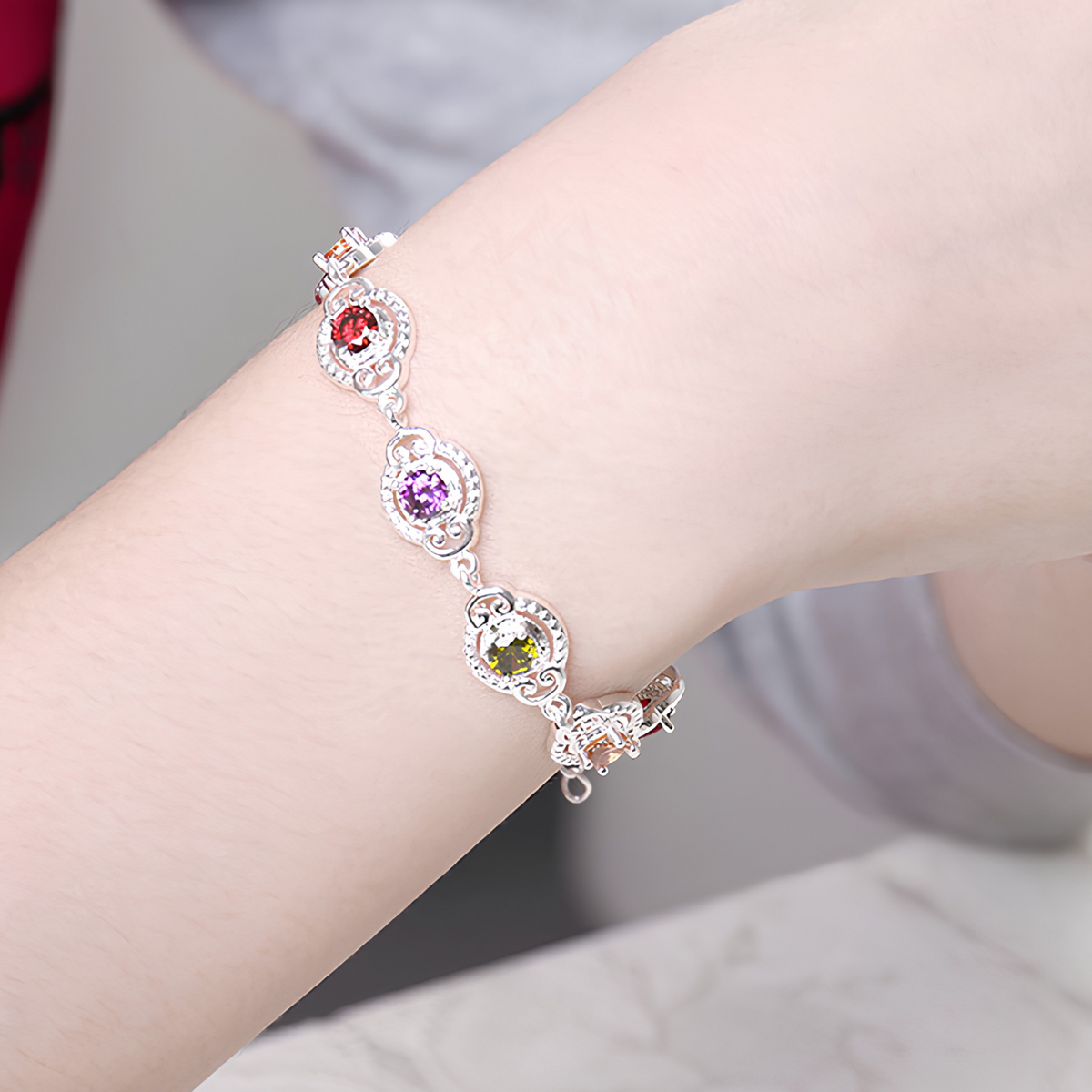 MultiColour Crystal Charm Bracelet For Women Silver Tone Chain Link l 1744
