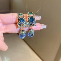 Vintage Blue Water Drop Crystal Clip Earrings Women Round Rhinestones Earing 733