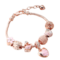 Rose Gold Tone Heart Flower Charm Bracelet Adjustable 19.5-22cm Trendy 1735