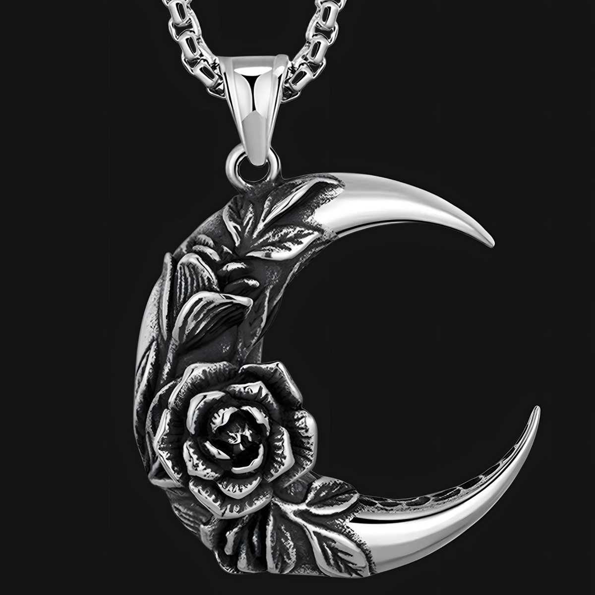 Vintage Crescent Moon Rose Pendant Necklace - Gothic Romantic Moon & Rose 1482