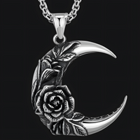 Vintage Crescent Moon Rose Pendant Necklace - Gothic Romantic Moon & Rose 1482