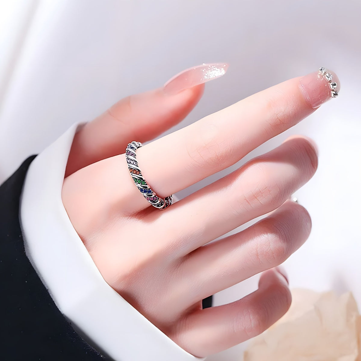 925 Sterling Silver Adjustable Ring, Colorful CZ Stone Ring, Twisted Rope 374