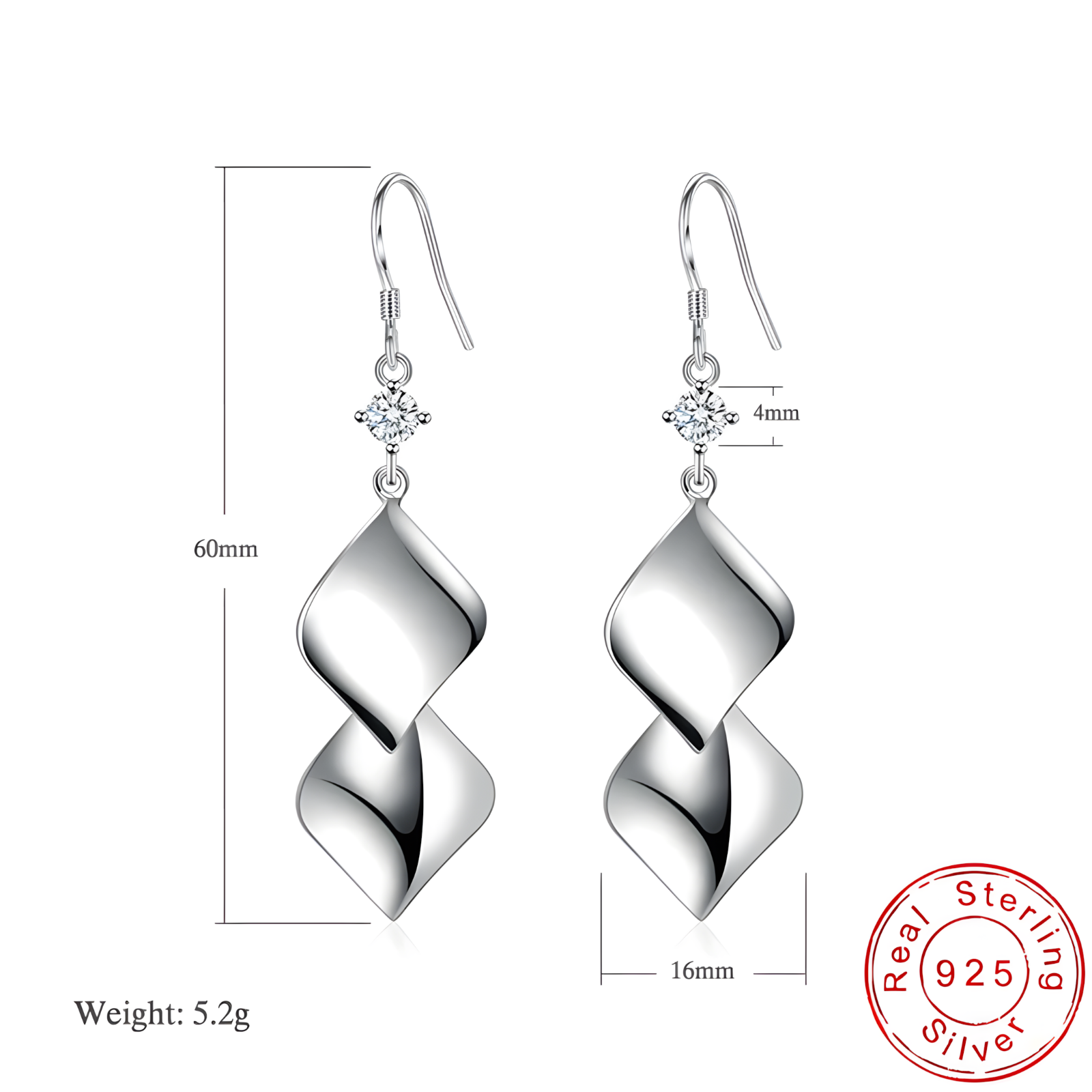 Sterling Silver Twisted Drop Dangle Earrings for Women – Real 925 AAA Cubic 291