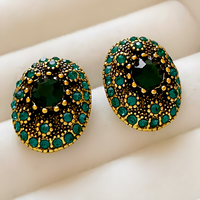 Vintage Green Crystal Oval Stud Earrings For Women Gold-Plated Copper 1462