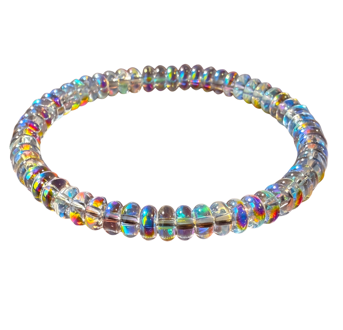 Iridescent Opal Bead Stretch Bracelet, Rainbow Flash Crystal Look, Trendy 1726