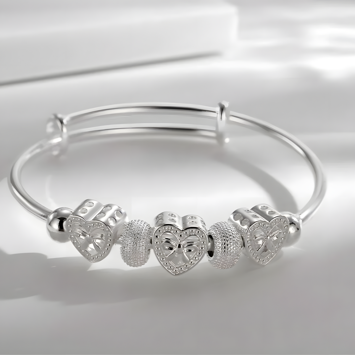 925 Sterling Silver Plated Heart Beads Adjustable Bangle Bracelet Cute Heart 434