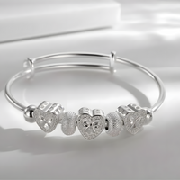 925 Sterling Silver Plated Heart Beads Adjustable Bangle Bracelet Cute Heart 434